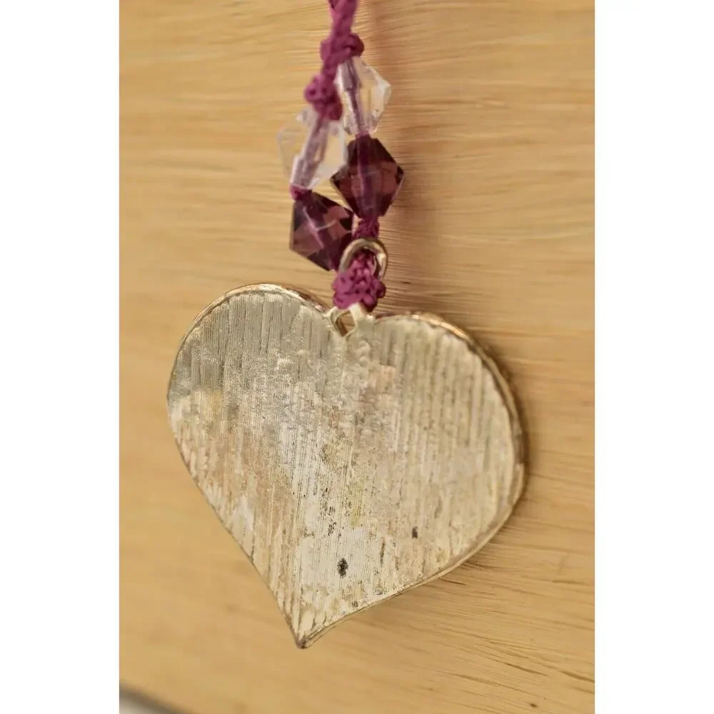 Vintage Heart Coin Pendant Necklace Fabric Purple Beaded Enamel Valentine BinA17